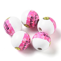 Ярко-Розовый Летние тематические печатные деревянные европейские бусины, круглые бусины с оранжевым принтом и большими отверстиями, ярко-розовый, 16 мм, отверстие : 4 мм