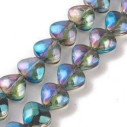 Dark Cyan Transparent Electroplate Glass Bead Strands, Rainbow Plated, Heart, Dark Cyan, 12x13x7mm, Hole: 1mm, about 55pcs/strand, 25.51''(64.8cm)