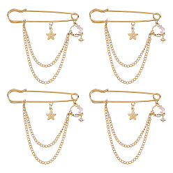 Light Gold 4Pcs Moon & Star Alloy Rhinestone Hanging Chain Brooch, Tassel Brooch, Light Gold, 70x70mm