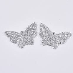 Argent Pendentifs en cuir pu, avec poudre scintillante double face, papillon, argenterie, 32.5x48x1.5~2mm, Trou: 2.5mm