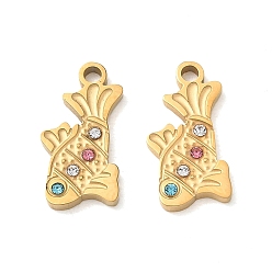 Fish 304 Stainless Steel Rhinestone Pendants, Ion Plating(IP), Golden, Fish Charms, 15.5x7.5x1.5mm, Hole: 1.6mm