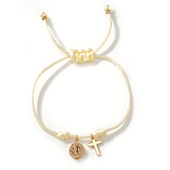 Beige Adjustable Brass Religion Cross Virgin Charm Nylon Cord Braided Bracelets, Golden, Beige, 11.02 inch(28cm)