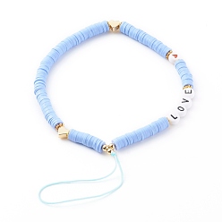 Hellblau Heishi Perlen-Mobile-Riemen aus Polymerton, Telefonschmuck, mit Acryl-Emaille-Perlen und Messingperlen, Wort Liebe, golden, hellblau, 20 cm