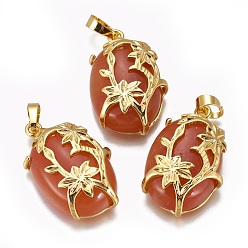 Красный Авантюрин Натуральный красный авантюрин подвески, с фурнитурой латунной золотого тона, овальные с цветком, 32x20x9 мм, отверстие : 5x8 мм
