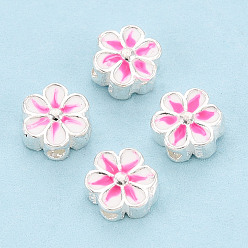 Ярко-Розовый 925 бусины из стерлингового серебра с эмалью, цветок, серебряный цвет гальваническим, ярко-розовый, 6x6x3 мм, отверстие : 1.2 мм