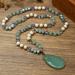 Зеленый Авантюрин Натуральный зеленый авантюрин плоская каплевидная подвеска круглые камни и кубические стеклянные бусины длинные ожерелья для женщин, 29.92 дюйм (76 см)