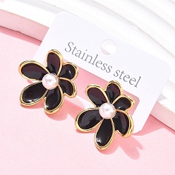 Черный Цветок 304 из нержавеющей стали серьги стержня, с эмалью и абс пластика имитация жемчуга, ионное покрытие (ip), чёрные, 25.5x23 мм