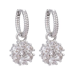 Платинированный Серьги-кольца из латуни с микро-паве из фианита, долговечный, цветок, прозрачные, Реальная платина, 24 мм, штифты : 0.8 мм