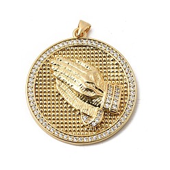 Настоящее золото 18K Латунные микропаве прозрачные подвески с фианитом, плоская круглая форма с подвесками в виде подглядывающей руки, долговечный, стойки покрытие, без свинца и без кадмия, реальный 18 k позолоченный, 36x33x4.5 мм, отверстие : 4x3.5 мм