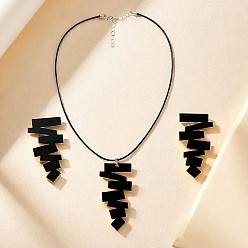 Черный Комплект из колье и серег-гвоздиков из акрила неправильной геометрии с искусственным кожаным шнуром, чёрные, 450 мм
