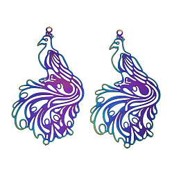 Rainbow Color Ионное покрытие (ip) 201 большие филигранные подвески из нержавеющей стали, гравированные металлические украшения, феникс, Радуга цветов, 56x29x0.2 мм, отверстие : 1.8 мм