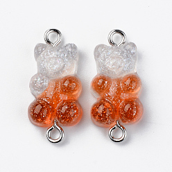 Tomato Transparent Resin Links, with Glitter Powder and Platinum Tone Iron Loops, Bear, Tomato, 24~25x11x7mm, Hole: 1.8mm