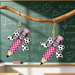 Бледно-Розовый Акриловые серьги-подвески ко Дню учителя, бантик карандашом, с фурнитурой для сережек из сплава, золотые, розовый жемчуг, 65.5x38.5 мм