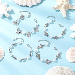 Античный Серебристый & Платиновый Браслеты из сплава серии Ocean, АБС-пластик имитация жемчуга круглые бусины браслеты для женщин, старинное серебро и платина, 6-1/2~7-1/4 дюйм (16.5~18.5 см)