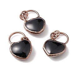 Black Onyx Подвески из натурального черного оникса, С латунными красными медными тонами, сердце, без кадмия и без свинца, окрашенная и подогревом, 38.5~47x20~26x10~11 мм, отверстие : 6 мм