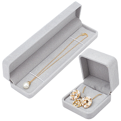 Light Grey 2Pcs 2 Style Velvet Earrings Box & Necklace Box, Flip Box, Square & Rectangle, Light Grey, 1pc/style
