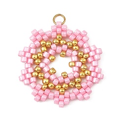 Pink Glass Seed Beaded Pendants, Flower Charm, with 304 Stainless Steel Open Jump Rings, Pink, 27x27x2mm, Hole: 3mm