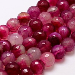 Cerise Natural Agate Beads Strands, Dyed, Faceted, Round, Cerise, 14mm, Hole: 1.2mm, about 28pcs/strand, 14 inch