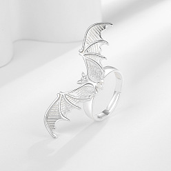 Platinum Halloween Adjustable Brass Cuff Open Rings, Bat, Platinum, 15~20mm