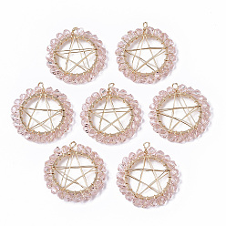 Pink Стеклянные подвески, проволочные подвесные подвески, с настоящими 18 к золотыми медными проводами и соединительными кольцами, без никеля , звезда, розовые, 26.5x24x3 мм, отверстие : 2.5 мм