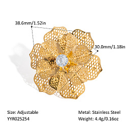 Настоящее золото 18K 304 открытые манжеты из нержавеющей стали, цветок, с кубического циркония, реальный 18 k позолоченный, 38.6 мм, внутренний диаметр: регулируемый