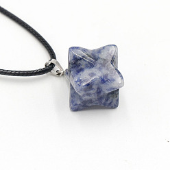 (306FM) Жонкиль матовый с лаймовой подкладкой Подвеска в виде звезды из натуральной голубой яшмы с черным шнуром из искусственной кожи, со сплавочной фурнитурой, платина, 19.69 дюйм (50 см)