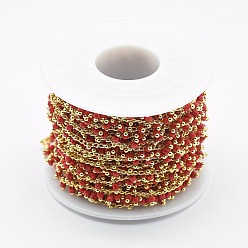 Red Handmade Glass Beaded Chains, Soldered, with Spool, Brass Chain, Golden, Long-Lasting Plated, Red, 6x2mm, Chain: about 2mm wide, about 32.8 Feet(10m)/roll