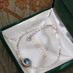 Королевский синий 925 Браслеты из стерлингового серебра с натуральным аквамарином и бусинами для женщин, бамбук, королевский синий