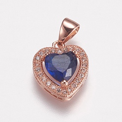 Розовое Золото Латунные микро проложить кубического циркония прелести, сердце, Marine Blue, розовое золото , 14x12x5 мм, отверстие : 3x5 мм