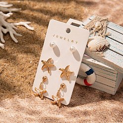 Морская звезда 3 пары серег-гвоздиков из цинкового сплава с имитацией жемчуга в виде морской звезды, золотые, морская звезда, 22 мм