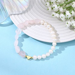 Розовый Кварц Картофель, натуральный культивированный пресноводный жемчуг и самородки, натуральный розовый кварц, бисер, эластичные браслеты, с латунными сердечками, золотые, внутренний диаметр: 2.26 дюйм (5.75 см)