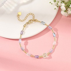 Thistle Gradient Color Electroplate Glass and Brass Tube Beaded Bracelets, Faceted Rectangle and Cube Bracelets, Golden, Thistle, 7.36 inch(18.7cm)