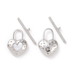 Platinum Shell Toggle Clasps, with Brass Findings, Heart Lock, Platinum, Bar: 25.5x4x2mm, Hole: 1.4mm, Heart: 22.5x15x5mm