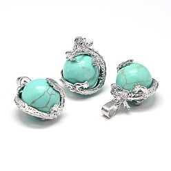 Синтетическая Бирюза Латунные синтетические бирюзовые подвески дракон, без кадмия и без свинца, 26~27x22x17~18.5 мм, отверстие : 4x8.5 мм