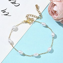 Настоящее золото 18K Овальные браслеты из искусственного жемчуга с бусинами для женщин, с ионным покрытием(ip) 304 цепи из нержавеющей стали, реальный 18 k позолоченный, 7-3/8 дюйм (18.8 см) в длину + 60 удлинитель мм