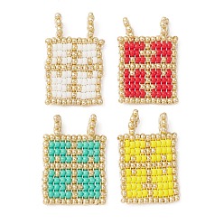 Mixed Color Handmade Loom Pattern Seed Beads, Round Glass Seed Beads, Rectangle with Cross 2-Loop Pendant, Mixed Color, 26x18x2mm, Hole: 2mm