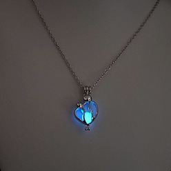 Сердце Сплав с люминесцентной смоляной бусиной внутри подвески ожерелья для женщин и мужчин, платина, сердце, 17.72 дюйм (45 см)