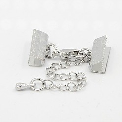 Platinum Brass Ribbon Ends with Lobster Claw Clasps and Chains, Platinum, 28mm, Ribbon end: 7x15mm