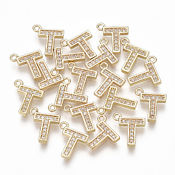 Letter T Brass Cubic Zirconia Charms, Letter, Clear, Real 18K Gold Plated, Letter.T, 10x8.5x1.5mm, Hole: 1mm