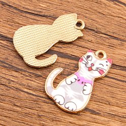Белый Подвески из легкого позолоченного сплава с изображением животных, с эмалью, кошачье очарование, белые, 25x16 мм, отверстие : 2 мм