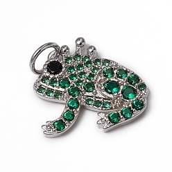 Платина Латунные микро-паве зеленые кубические циркониевые подвески, с прыжковых колец, долговечный, лягушка, платина, 15x15x2.5 мм, переходное кольцо: 5x0.7 мм, внутренний диаметр: 3.6 мм