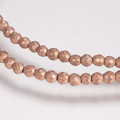 Copper Plated Electroplate Non-magnetic Synthetic Hematite Beads Strands, Grade AA, Faceted Round, Frosted, Copper Plated, 2mm, Hole: 0.5mm, about 197pcs/strand, 15.5 inch