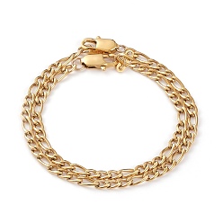 Golden Couple Bracelets Sets, 304 Stainless Steel Figaro Chains, Curb Chains Bracelets, with Lobster Claw Clasps, Golden, 8-1/2 inch(21.5cm) and 7-1/2 inch(19cm), 2pcs/set