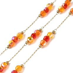Темно-Оранжевый 316 хирургические шариковые цепи из нержавеющей стали, со стеклянными и 304 нержавеющими бусинами, пайки, с катушкой, реальный 18 k позолоченный, темно-оранжевый, 2.5x1x0.2 мм