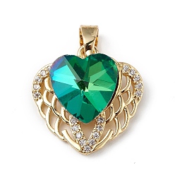 Dark Green Real 18K Gold Plated Rack Plating Brass Micro Pave Clear Cubic Zirconia Pendants, with Glass, Long-Lasting Plated, Cadmium Free & Lead Free, Heart Charm, Dark Green, 19x19x8mm, Hole: 5x3mm