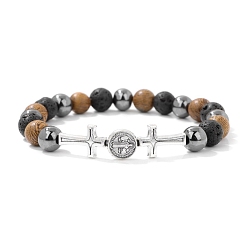 Лавовый камень Эластичные браслеты из натурального лавового камня и синтетического немагнитного гематита, с деревянными и металлическими бусинами, Крест и плоский круглый, внутренний диаметр: 2-3/8 дюйм (6 см)