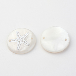 Платина Соединители звеньев пресноводной раковины, плоский круг с золотыми звездами / морскими звездами, платина, 20x3~4 мм, отверстие : 1.5 мм