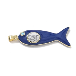 Dark Blue Ocean Dyed Synthetic Turquoise Pendants, Brass Enamel Fish Charms, Real 18K Gold Plated, Long-Lasting Plated, Rack Plating, Lead Free & Cadmium Free, Dark Blue, 44x15x8.5mm, Hole: 5x3mm