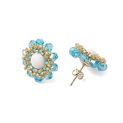 Light Sky Blue Flower Glass Seed Beaded with Natural Mashan Jade Stud Earrings for Women, Light Gold, Light Sky Blue, 20mm
