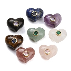 Mixed Stone Natural Mixed Gemstone Beads, Heart, with Brass Pave Cubic Zirconia Findings, Golden, Mixed Dyed and Undyed, 14x17~17.5x11.5~12mm, Hole: 1.6mm